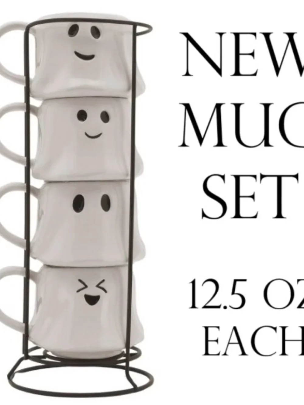 NEW Ceramic Ghost Face Mugs Mug Set of 4 Stacking Stackable White Stoneware Blac